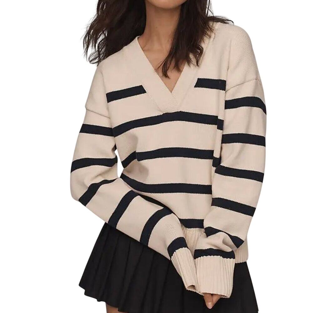 English Factory Striped Sweater Large Navy Cream V Neck Coastal Preppy NWT